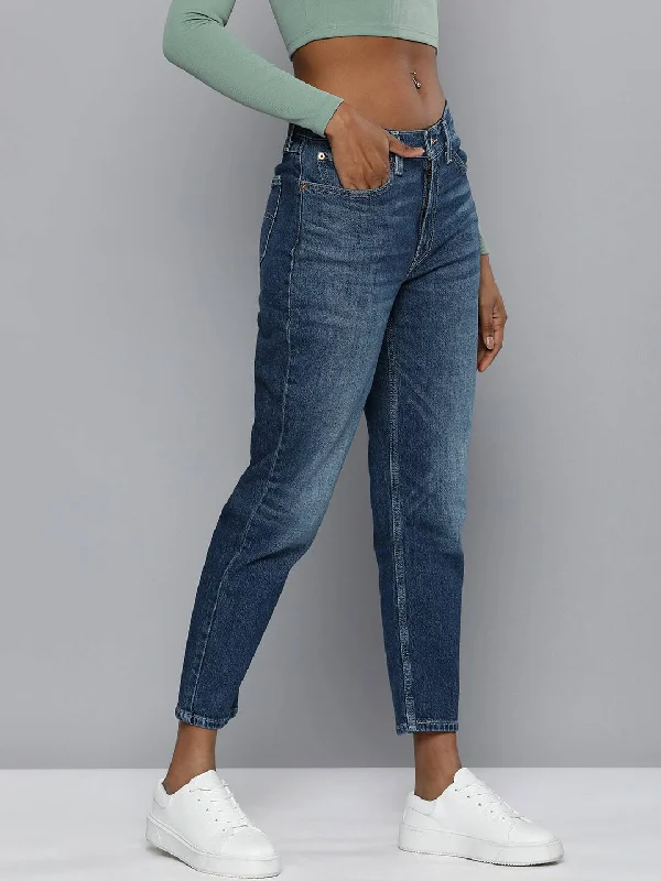 Women's High Rise 80's Mom Loose Tapered Medium Faded Jeans Trendy Patchwork Denim Jeans