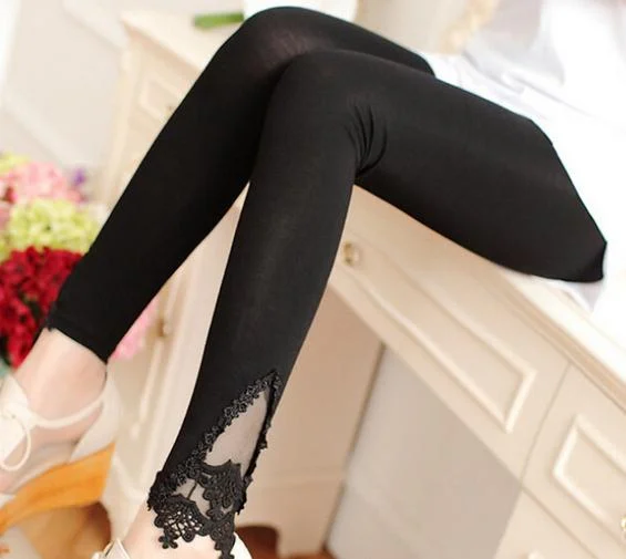 Autumn Leggins Fashion Women Leggings Triangle Lace Hollow Out Legging High Elastic Woman Cotton Skinny Slim Trousers