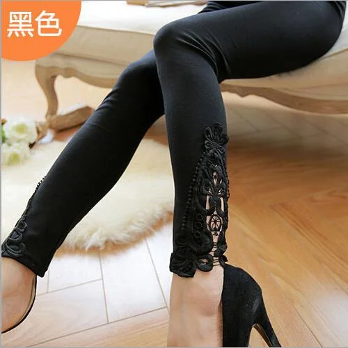 Autumn Spring Summer Fashion Women Lace Leggings Skinny Hollow Leggins Elastic Casual Black Light Gray And Navy Cotton