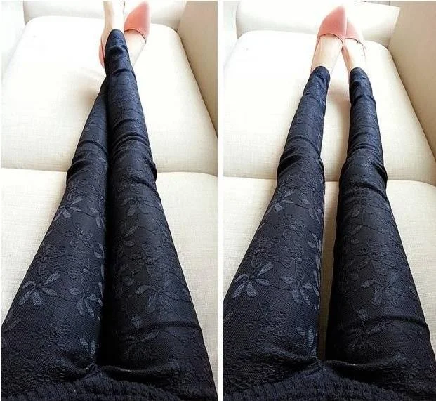 Plus Size Summer Casual Women's Leggins Solid Stretch Pencil Feet Lace Flower Print Legging Women Workout Velvet Leggings