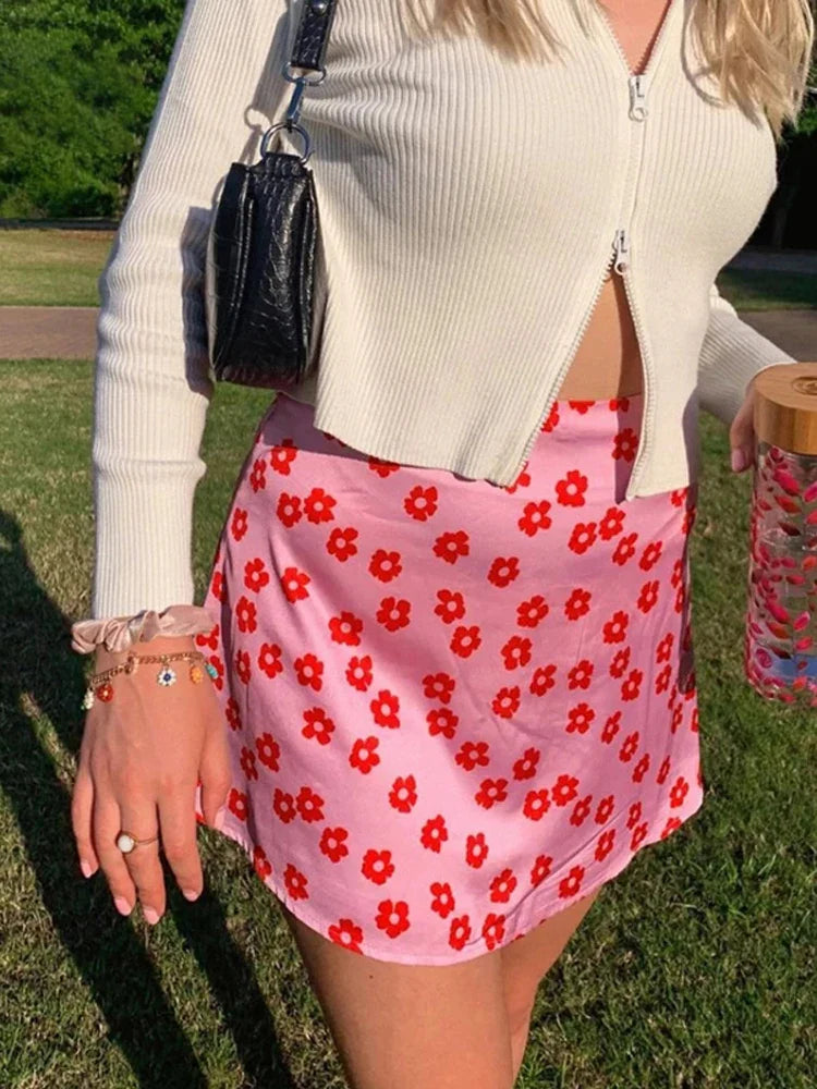 New Y2k Satin Floral Mini Skirts With Shorts High Waist Pink Summer Boho Sweet Style Skirt For Women Harajuku E-girl corduroy skirt textured New Y2k Satin Floral Mini Skirts With Shorts High Waist Pink Summer Boho Sweet Style Skirt For Women Harajuku E-girl corduroy skirt textured