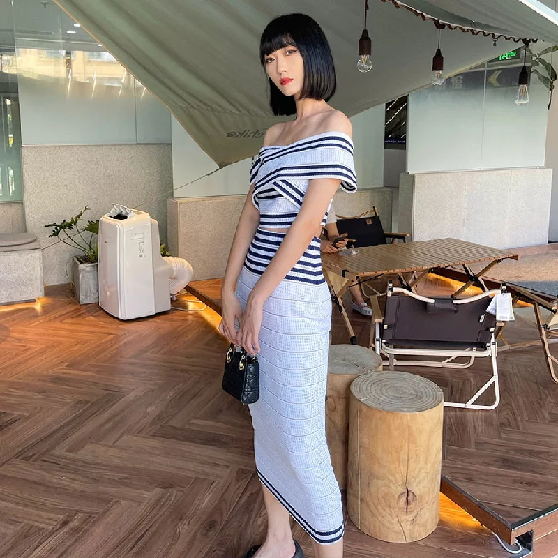 Hot Women Sexy 2 Pieces Set Backless Vest Sheath Skirt Fitted Bodycon Striped Night Club Knit Suit leather skirt durable Hot Women Sexy 2 Pieces Set Backless Vest Sheath Skirt Fitted Bodycon Striped Night Club Knit Suit leather skirt durable
