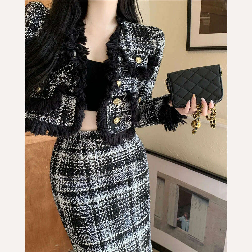 Plaid Celebrity Style New Suit Women Fashion Elegant Long-sleeved Short Coat High Waist Hip Wrap Long Skirt Two-piece Set Winter silk skirt lustrous Plaid Celebrity Style New Suit Women Fashion Elegant Long-sleeved Short Coat High Waist Hip Wrap Long Skirt Two-piece Set Winter silk skirt lustrous