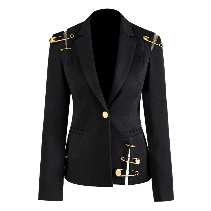 Black Jacket for Women with Pin / Fashion Long Sleeve Loose Fit Jacket