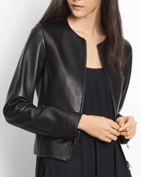 Collarless Leather Jacket