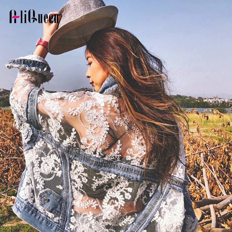 Summer Streetwear Embroidery Lace Patchwork Denim Jacket for Women with Frayed Tassels and Loose Fit (S - 3XL) Wool Jacket Cashmere Jacket Tweed Jacket Summer Streetwear Embroidery Lace Patchwork Denim Jacket for Women with Frayed Tassels and Loose Fit (S - 3XL) Wool Jacket Cashmere Jacket Tweed Jacket