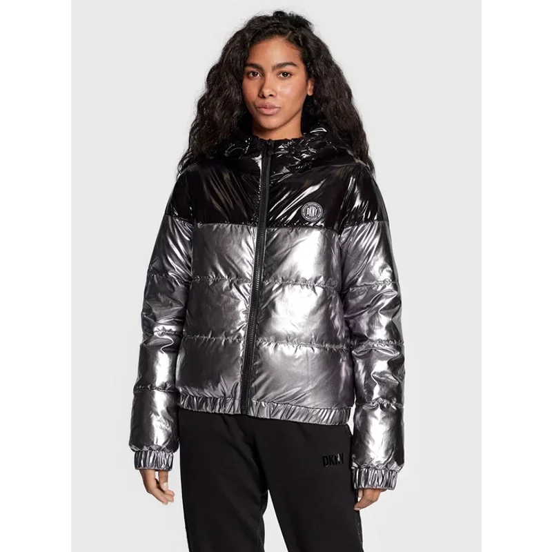 DKNY SPORT Womens Colorblock Puffer Jacket Large Metallic Silver Black