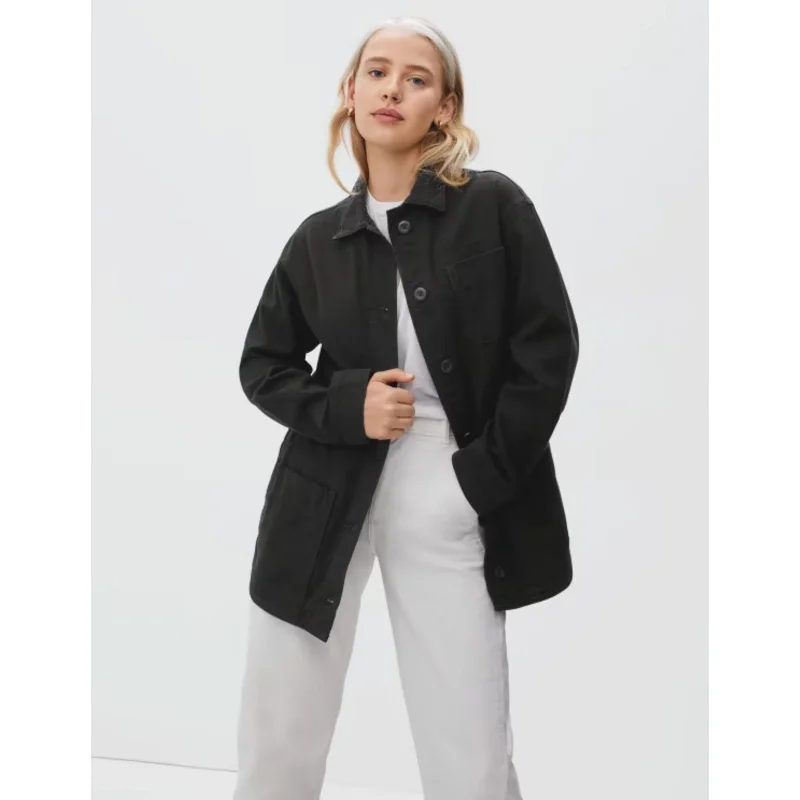 Everlane Womens The Cinchable Chore Jacket Small Black Cotton Canvas Button NWOT