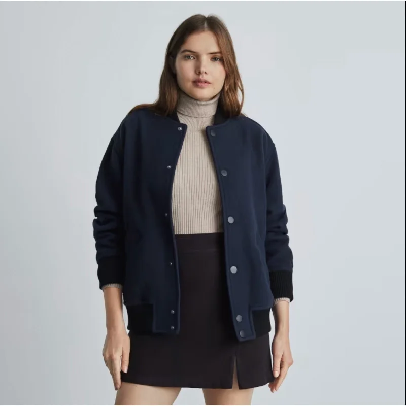 Everlane Womens The ReWool® Varsity Bomber Jacket Large Navy Blue NWT