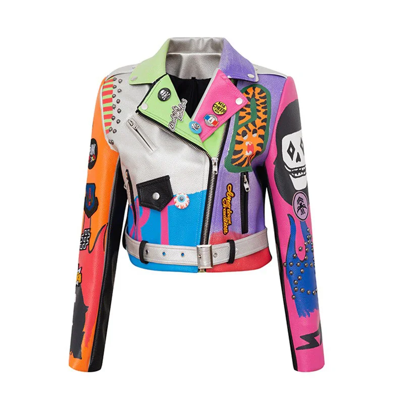 Graffiti Design / Women Outerwear in Rock Style / Letters Printed Faux Leather Jacket