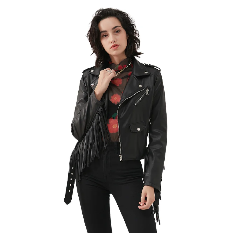 Ladies Biker Short PU Leather Thin Jacket / Rock Style Cropped Black Jacket with Belt