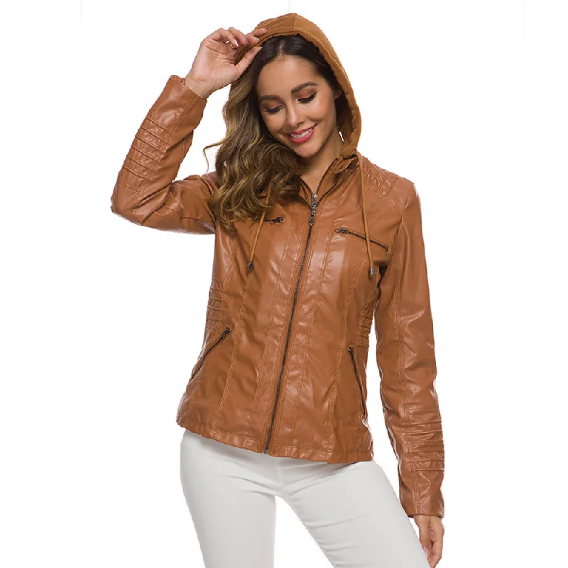 Long-sleeved Zipper Leather Jacket / Women Hooded Pockets PU Jacket