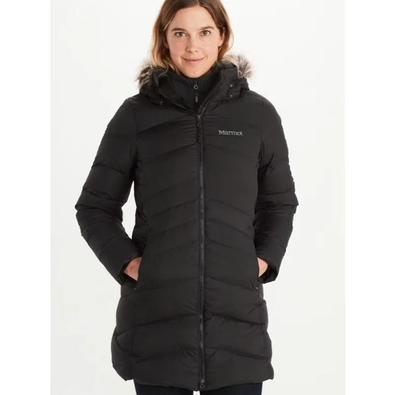 MARMOT Women's Montreal Coat Puffer Jacket Large Black Fur Hood Full Zip NWT