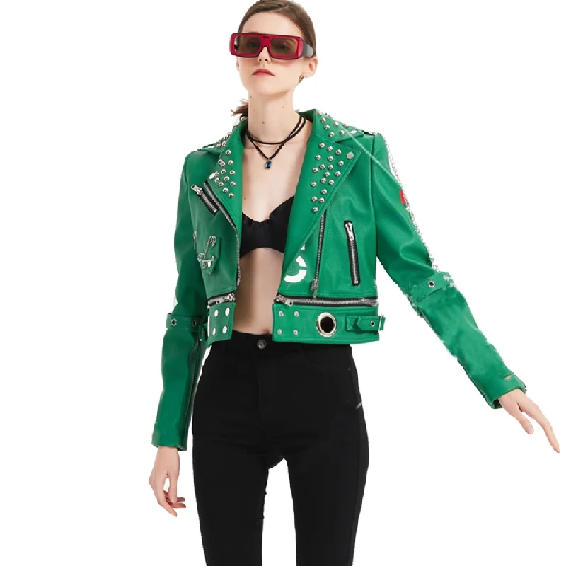 Motorcycle Leather Jacket with Rivets / Punk Style Jacket for Women / Short Slim Green Jacket