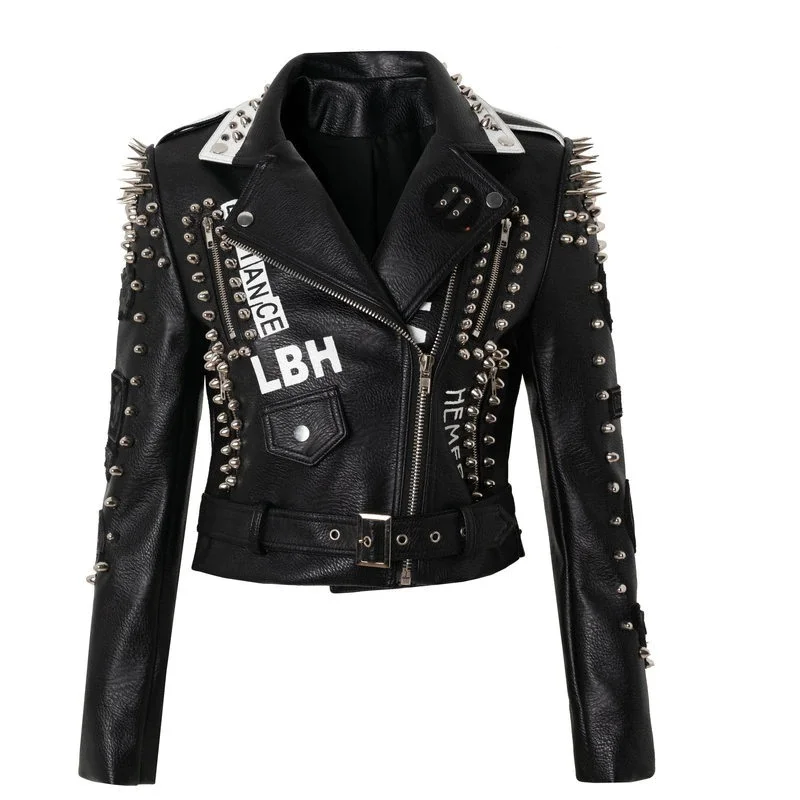 Motorcycle PU Leather Jacket in Punk Rock Style / Women's Black Short Jackets with Rivets