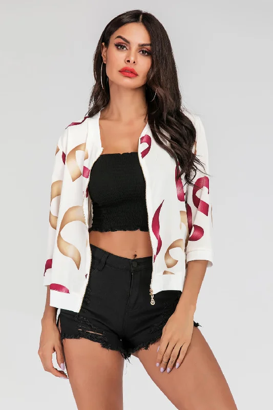 Printed Zip-Up Three-Quarter Sleeve Bomber Jacket Zippered Front Buttoned Front Snap Front Printed Zip-Up Three-Quarter Sleeve Bomber Jacket Zippered Front Buttoned Front Snap Front