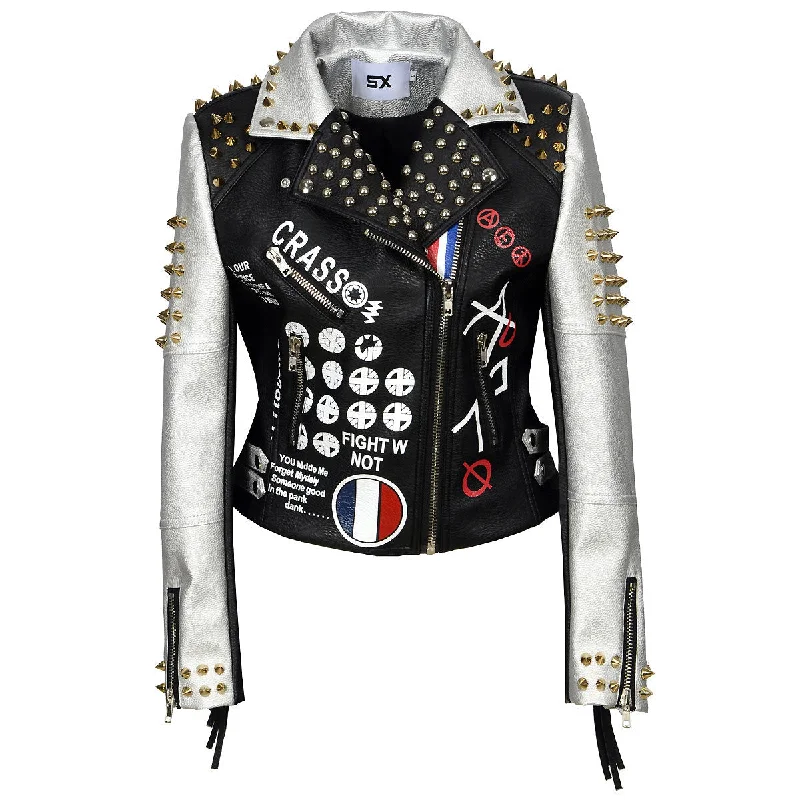 PU Leather Women's Jacket / Letter Print Graffiti Rivets Coats / Biker Fringed Motorcycle Jackets