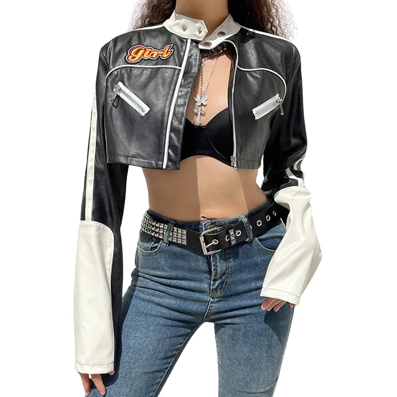 Rock Style Patchwork Cropped PU Leather Jacket For Women / Alternative Fashion Streetwear