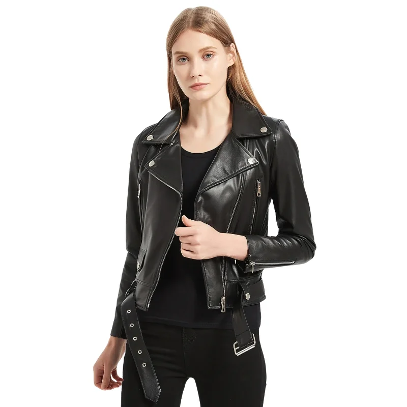 Sheepskin Leather Jacket with Sashes / Women's Slim Jacket