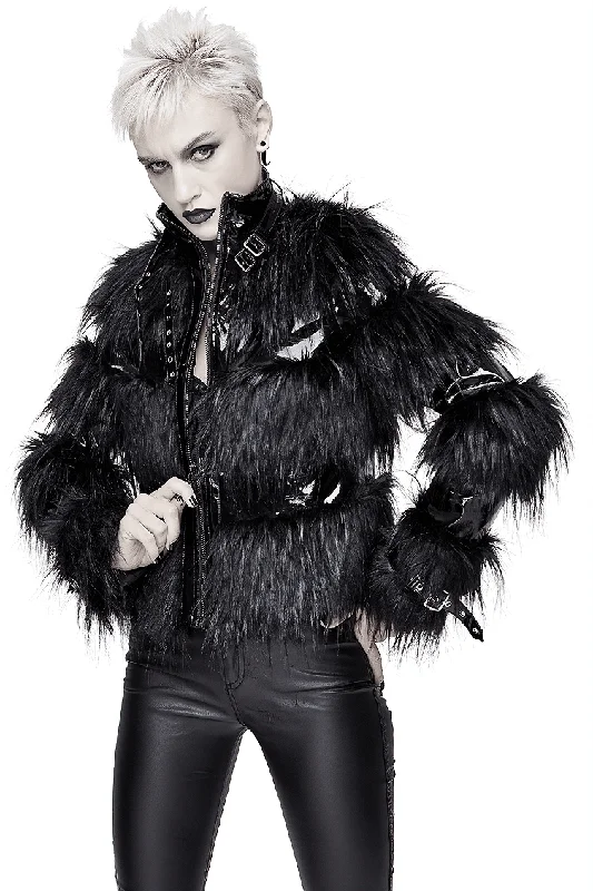 Stylish Women's Jacket Decorated with a Fur / Shiny Pu Leather Jacket with Buckles on the Neck