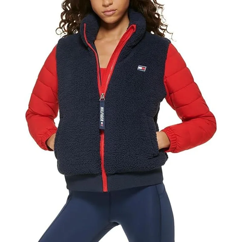 Tommy Hilfiger Womens Active Puffer Jacket Vest XL Navy Blue Red Sherpa