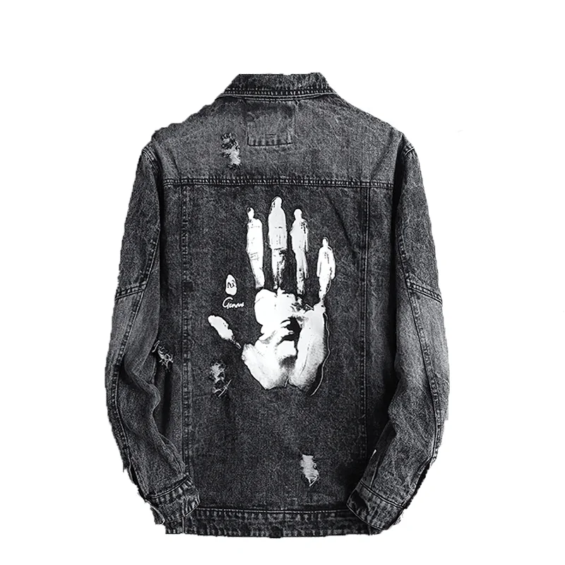 Unisex Jacket With Handprint / Vintage Style Clothing / Casual Ripped Denim Jacket