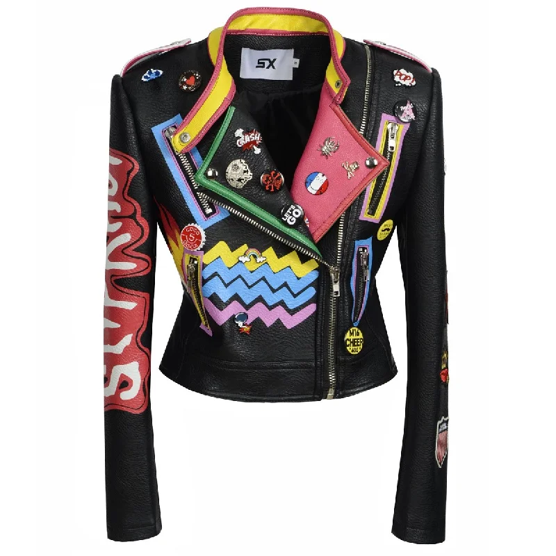 Women Faux Leather Graffiti Print Jacket / Rock Rave Outfits / Motorcycle Zipper Jacket