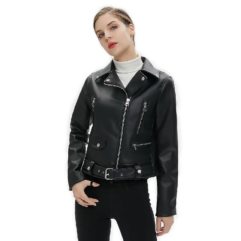 Women Faux Leather Jacket With Belt / Biker Jackets in Classic Rock Style / Rock Clothing