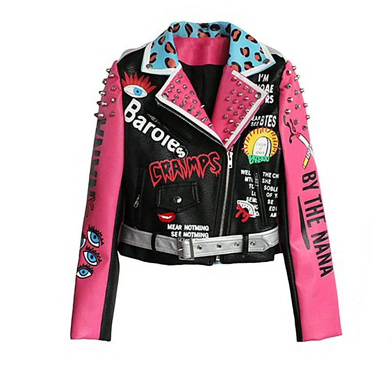 Women Leather Motorcycle Jacket / Leopard Letters Graffiti Colorful Eyes Print