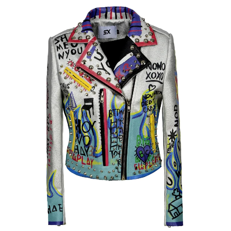 Women's Biker PU Leather Jacket with Eagle Print / Graffiti Motorcycle Silver Tops with Rivets