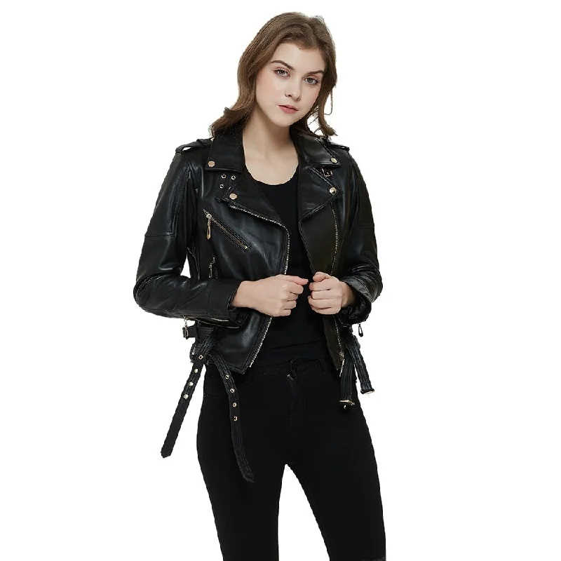 Women's Leather Jacket with Belts / Female Zipper Motorcycle Jackets / Biker Clothing