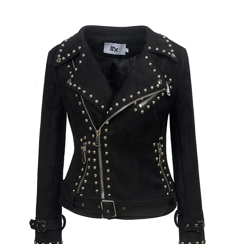 Women's Moto Biker Jacket / Rivet Adjustable Waist Leather Motorcycle Jacket