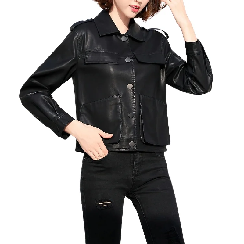 Women's Short PU Leather Jacket / Fashion Big Pockets Jacket / Casual Motorcycle Wear