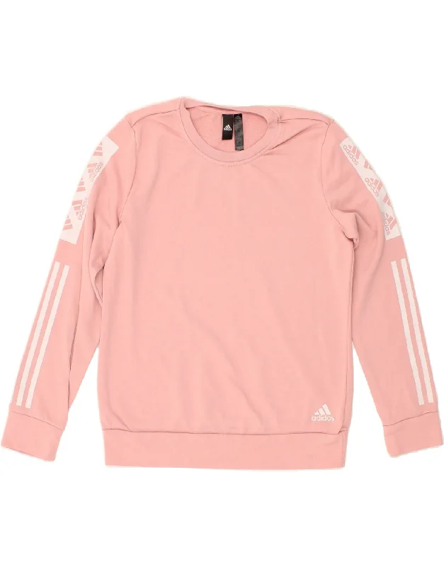 ADIDAS Womens Graphic Sweatshirt Jumper UK 12/14 Medium Pink Cotton Hoodie with Hem Patch Decorative Personalized ADIDAS Womens Graphic Sweatshirt Jumper UK 12/14 Medium Pink Cotton Hoodie with Hem Patch Decorative Personalized