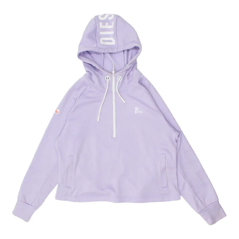 Diesel Activewear Womens Purple Half Zip Hoody | Vintage Designer Hoodie VTG Hoodie with Hem Embroidery Detailed Premium Diesel Activewear Womens Purple Half Zip Hoody | Vintage Designer Hoodie VTG Hoodie with Hem Embroidery Detailed Premium