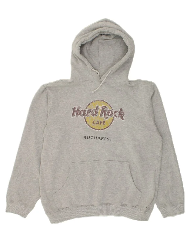 HARD ROCK CAFE Mens Bucharest Graphic Hoodie Jumper Large Grey Cotton