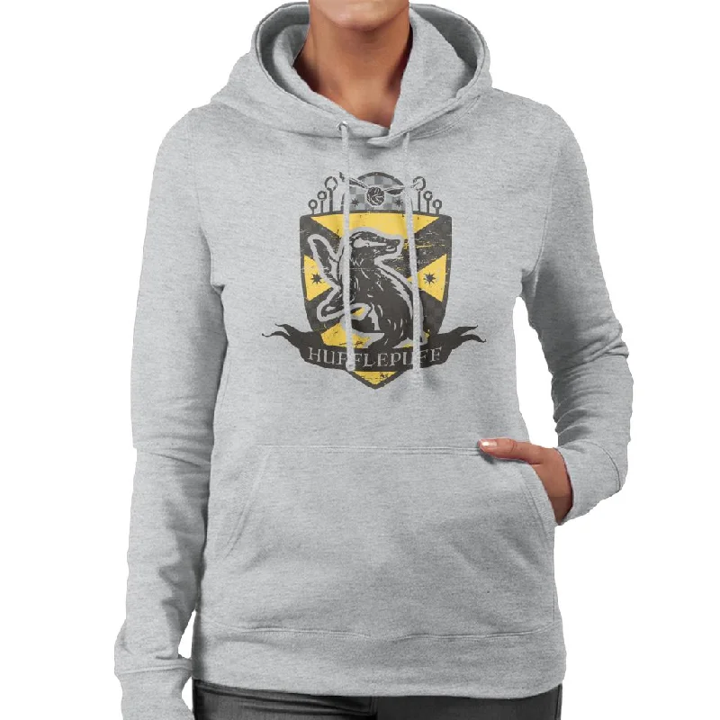 Harry Potter Hufflepuff Quidditch Distressed Shield Women's Hooded Sweatshirt Hoodie with Logo Branding Identity Harry Potter Hufflepuff Quidditch Distressed Shield Women's Hooded Sweatshirt Hoodie with Logo Branding Identity