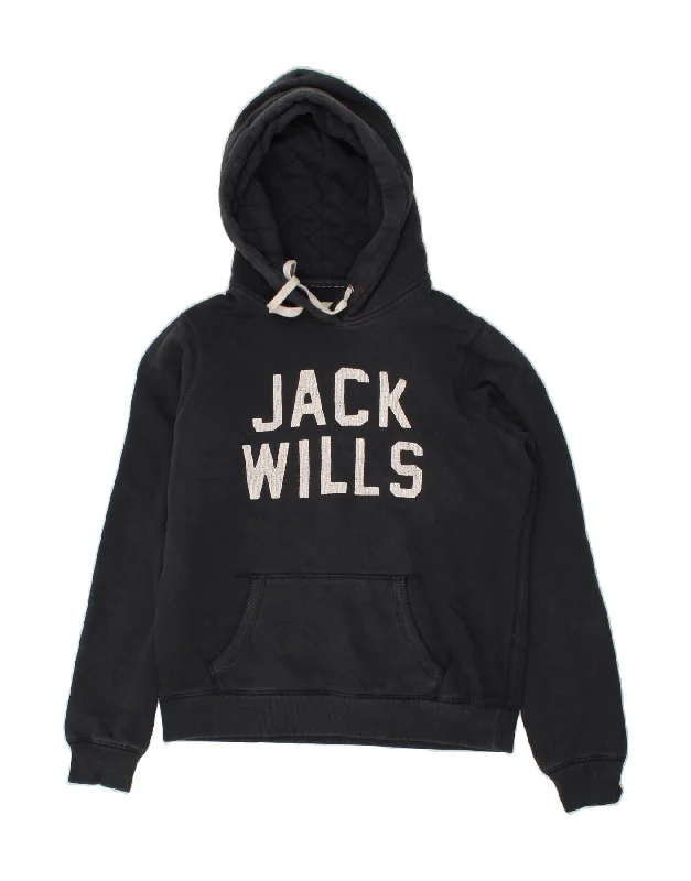 JACK WILLS Womens Graphic Hoodie Jumper UK 14 Large Navy Blue Cotton