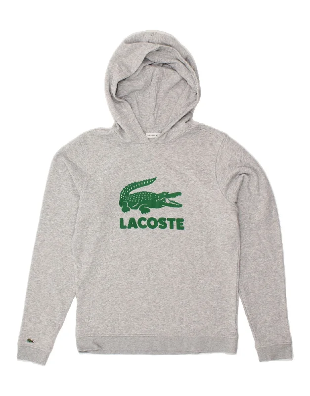 LACOSTE Womens Graphic Hoodie Jumper UK 12 Medium Grey Cotton Hoodie with Metallic Shiny Futuristic LACOSTE Womens Graphic Hoodie Jumper UK 12 Medium Grey Cotton Hoodie with Metallic Shiny Futuristic