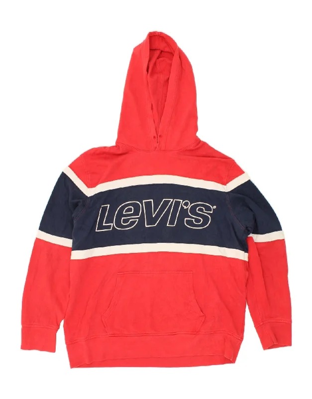 LEVI'S Mens Graphic Hoodie Jumper 2XL Red Colourblock Cotton Hoodie with Pattern Geometric Abstract LEVI'S Mens Graphic Hoodie Jumper 2XL Red Colourblock Cotton Hoodie with Pattern Geometric Abstract