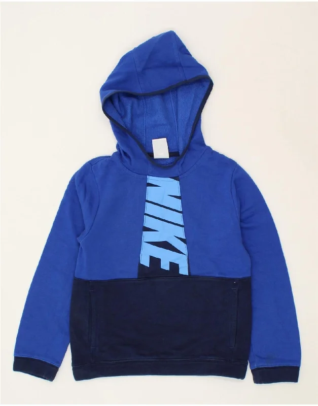 NIKE Boys Graphic Hoodie Jumper 8-9 Years Small Blue Colourblock