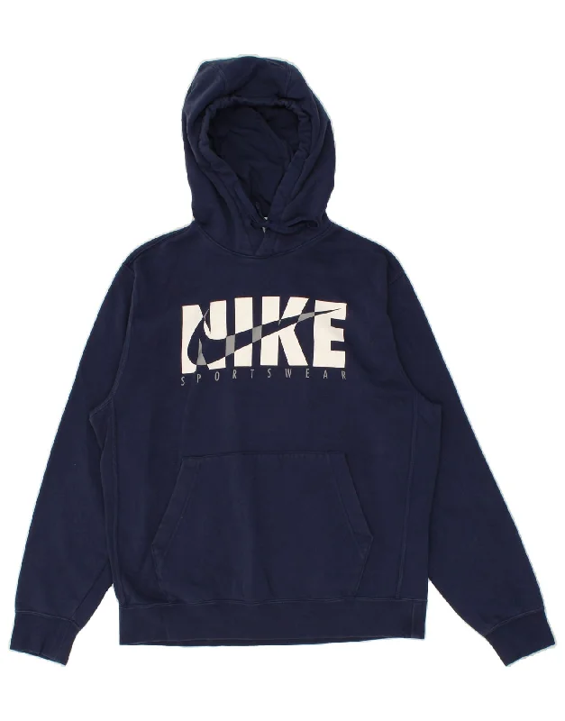 NIKE Mens Graphic Hoodie Jumper Medium Navy Blue Cotton Hoodie with Exposed Zipper Edgy Industrial NIKE Mens Graphic Hoodie Jumper Medium Navy Blue Cotton Hoodie with Exposed Zipper Edgy Industrial