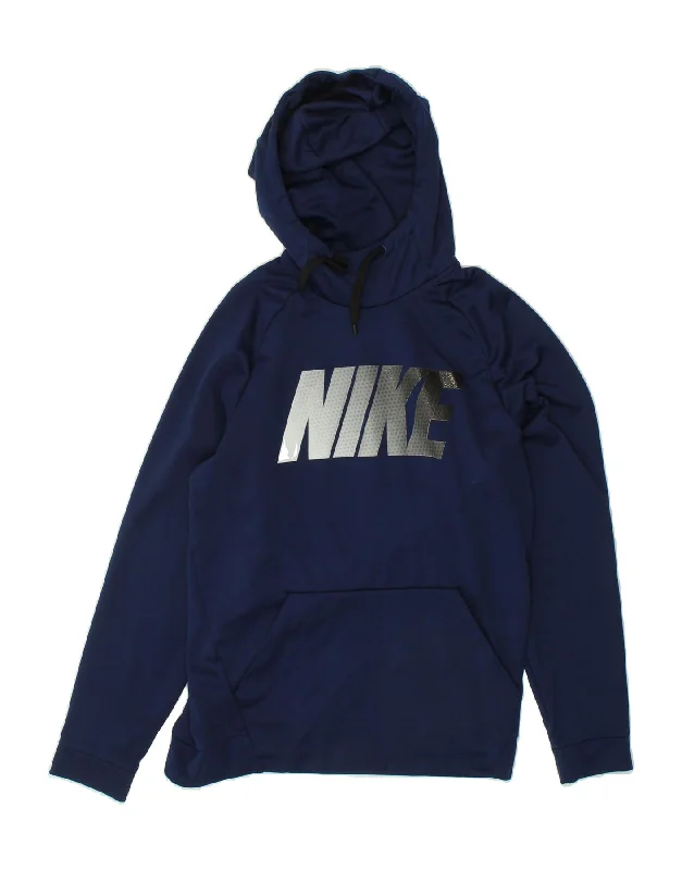 NIKE Mens Graphic Hoodie Jumper Medium Navy Blue Polyester Hoodie with Hem Raw Edge Edgy Unfinished NIKE Mens Graphic Hoodie Jumper Medium Navy Blue Polyester Hoodie with Hem Raw Edge Edgy Unfinished