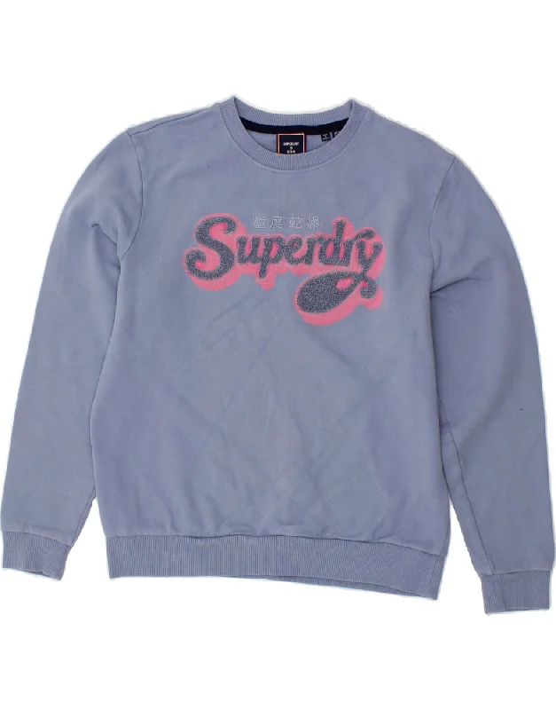 SUPERDRY Womens Oversized Graphic Sweatshirt Jumper UK 10 Small Blue Hoodie with Distressed Vintage Worn SUPERDRY Womens Oversized Graphic Sweatshirt Jumper UK 10 Small Blue Hoodie with Distressed Vintage Worn