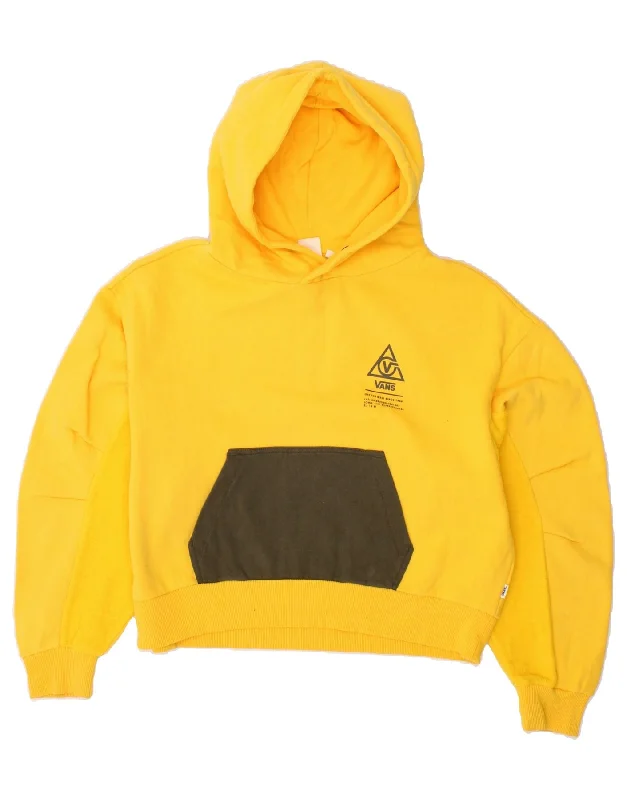 VANS Womens Graphic Hoodie Jumper UK 10 Small Yellow Colourblock Cotton Hoodie with Print Artistic Unique VANS Womens Graphic Hoodie Jumper UK 10 Small Yellow Colourblock Cotton Hoodie with Print Artistic Unique