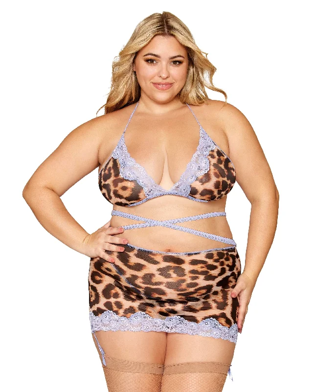 Dreamgirl Plus Size Leopard Printed Mesh with Contrast Scalloped Lace Bralette, Garter Skirt, and G-string Set