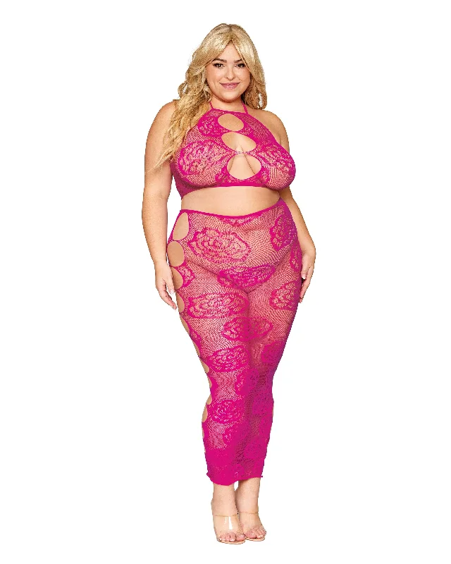 Dreamgirl Plus Size Seamless Bralette and Long Skirt Set with Knitted Large Rose and Fishnet Pattern