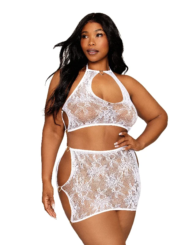 Dreamgirl Plus Size Seamless Lace Bralette and Mini-Skirt Set with Gold-Heart Details