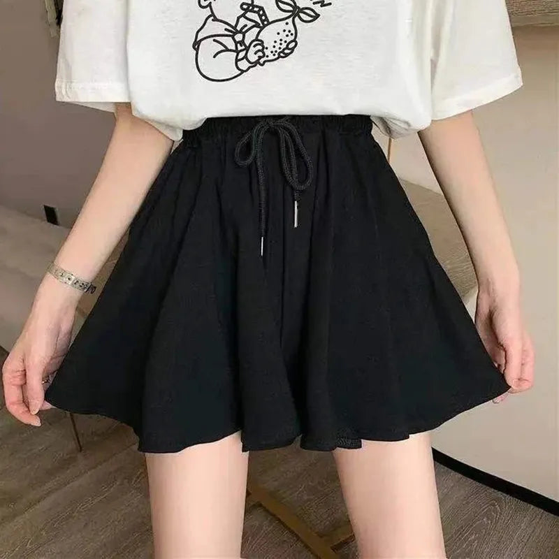 MEXZT 5Xl Summer Shorts Skirts Women Elastic High Waist Casual Wide Leg Shorts Korean A Line Loose Mini Skirt Black Short Pants