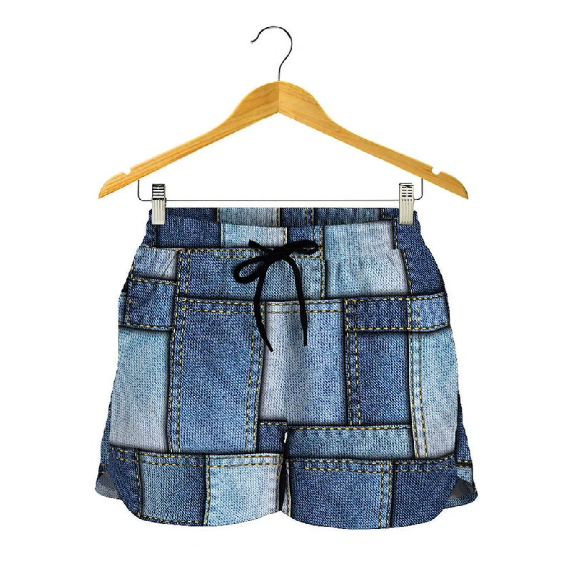 Patchwork Denim Jeans Pattern Print Women's Shorts